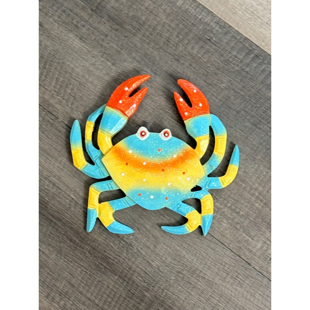 Colorful Wooden Crab Wall Art Coastal Beach House Decor Blue Orange Yellow 7.5in